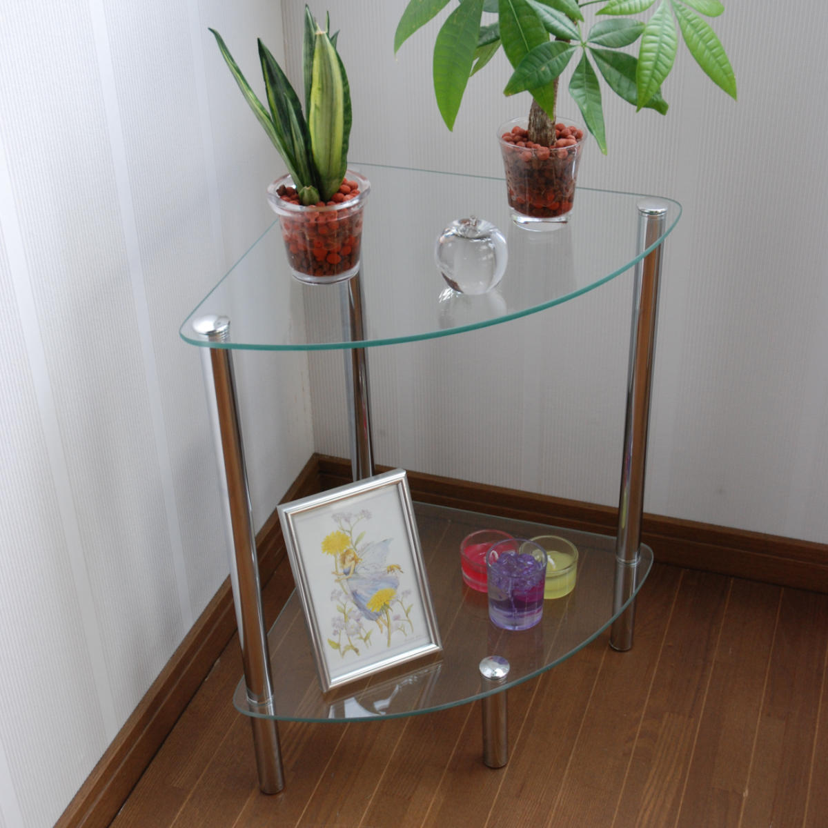 ミヤグチ企販 ガラスラック 2段 幅30cm コーナー型 スチール脚