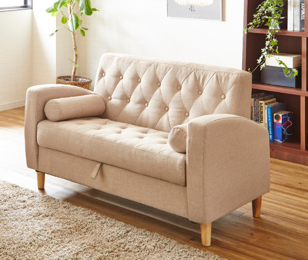 ソファ 二人掛け 幅123cm 収納付き ファブリック 肘掛け 脚付き