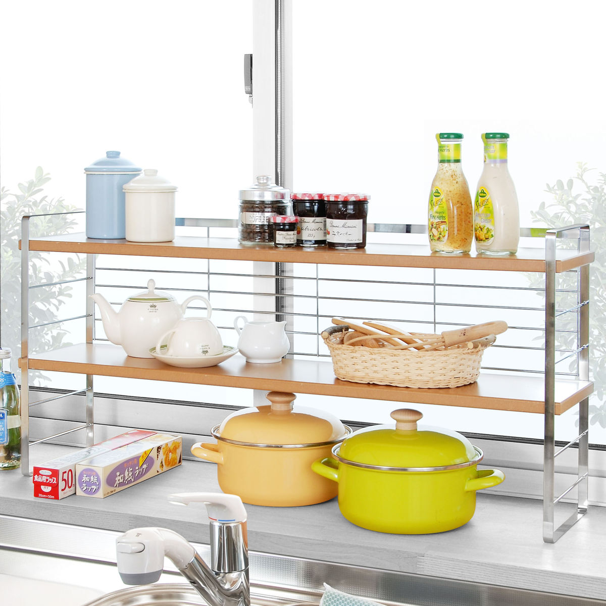 下村企販 調味料ラック 幅90cm 木棚 出窓シェルフ （ スパイスラック