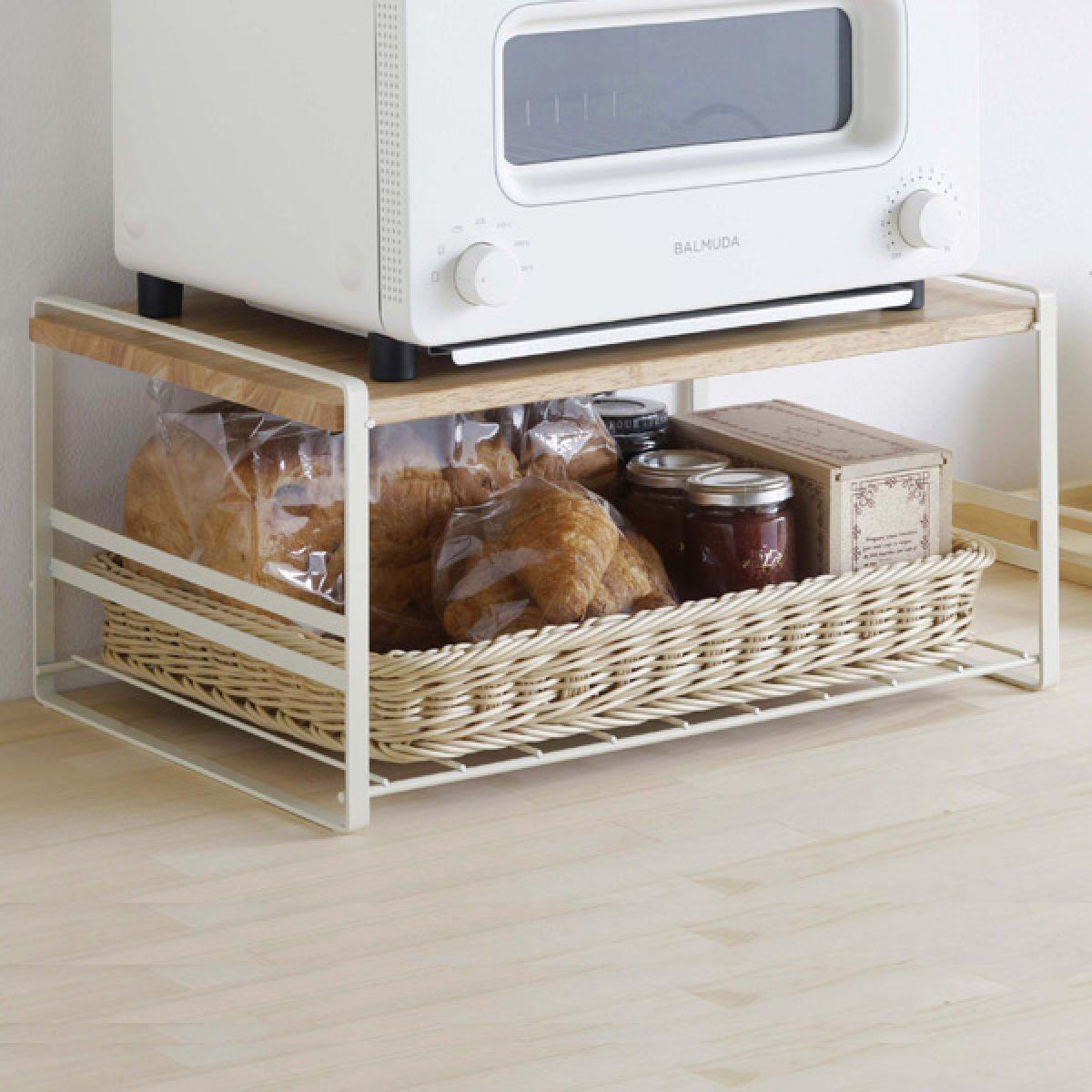 下村企販 キッチンラック 木棚トースターラック （ バスケット付き