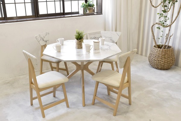 ダイニングテーブル 八角形 大理石調天板 天然木フレーム モダン