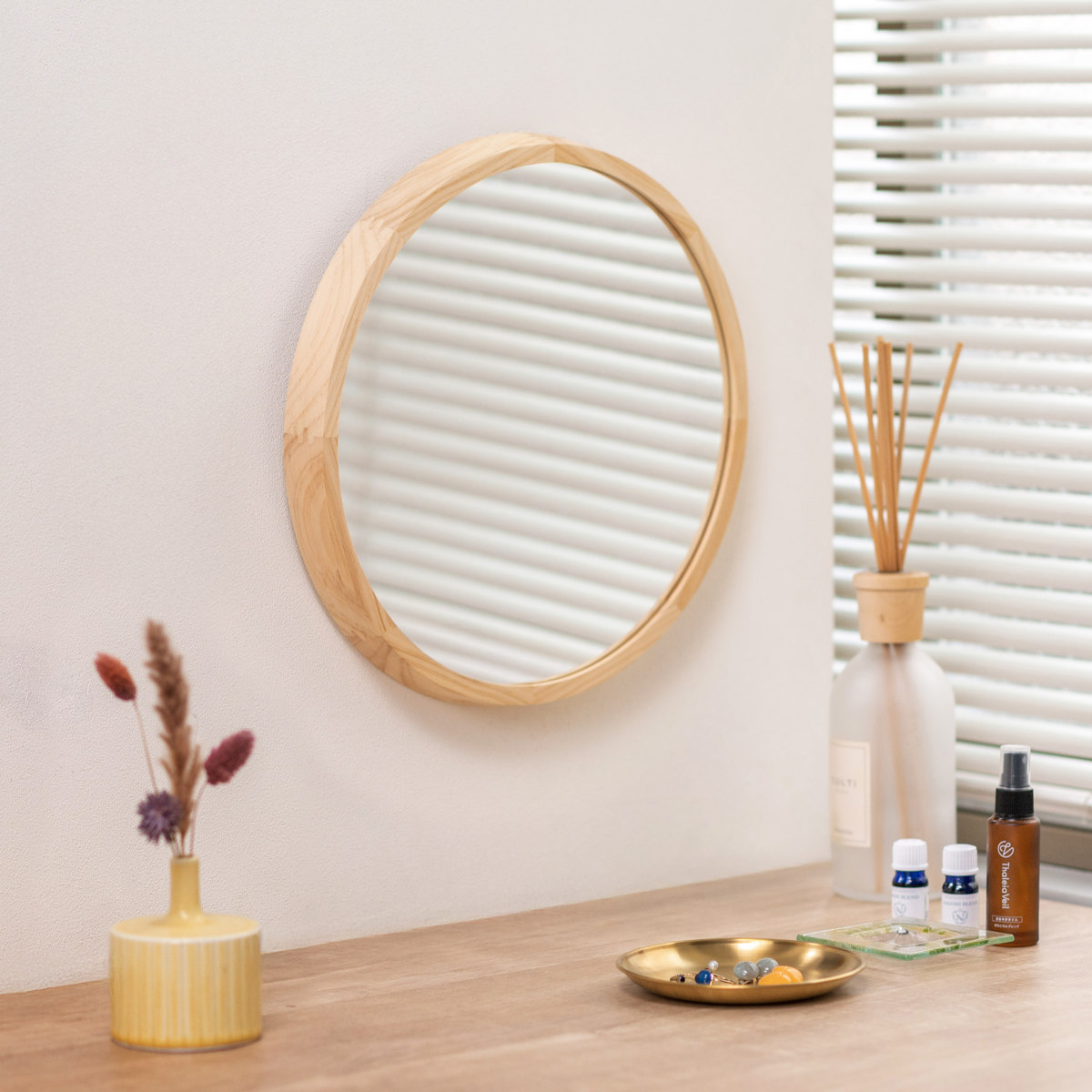 パラデック ミラー ウォールミラー 直径34.8cm 壁掛け 木製 無垢材