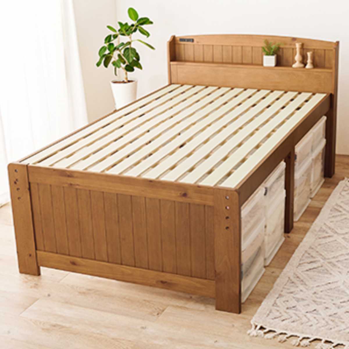 HAGiHARA（萩原） ベッド セミダブル 高さ3段階調節 宮棚 2口