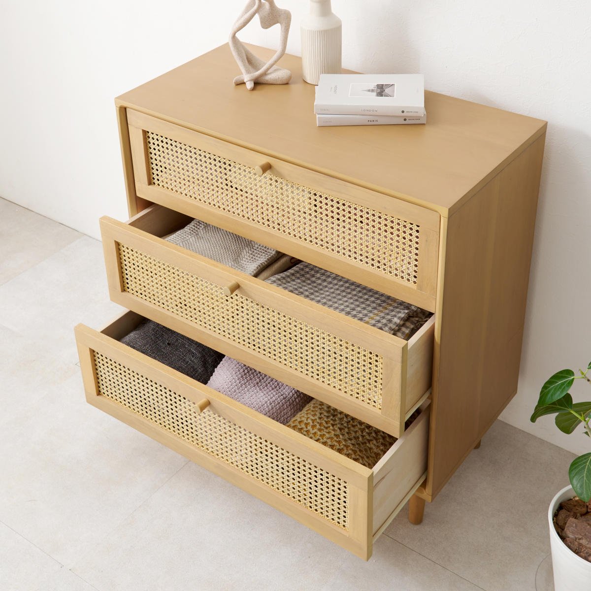 HAGiHARA（萩原） ラタン チェスト 幅80cm 天然木 かごめ編み （ 収納