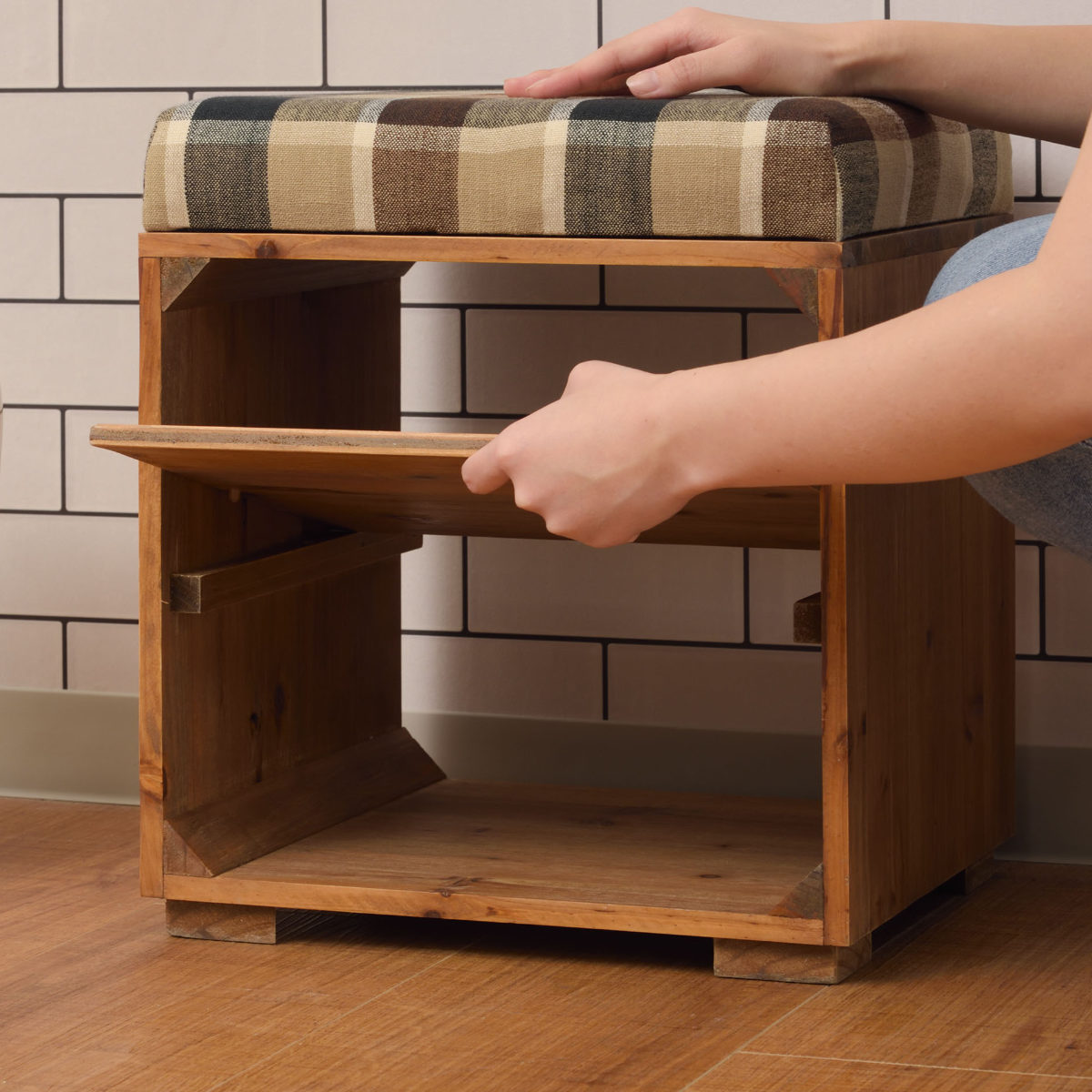 東谷 スツール 木製 収納付 ラックスツール タータンチェック （ 玄関