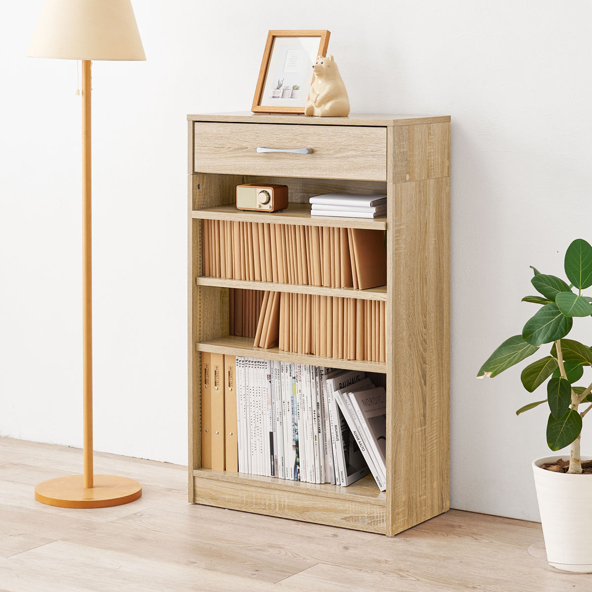 HAGiHARA（萩原） 1cmピッチ可動 本棚 幅60cm 可動棚3枚 引出し付