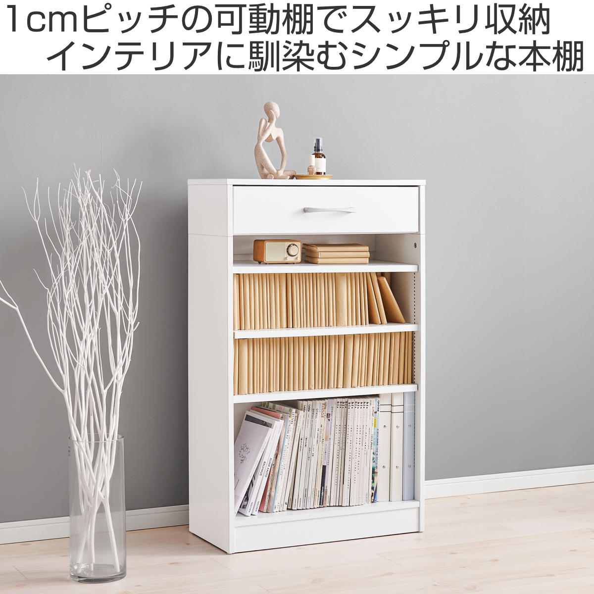 HAGiHARA（萩原） 1cmピッチ可動 本棚 幅60cm 可動棚3枚 引出し付