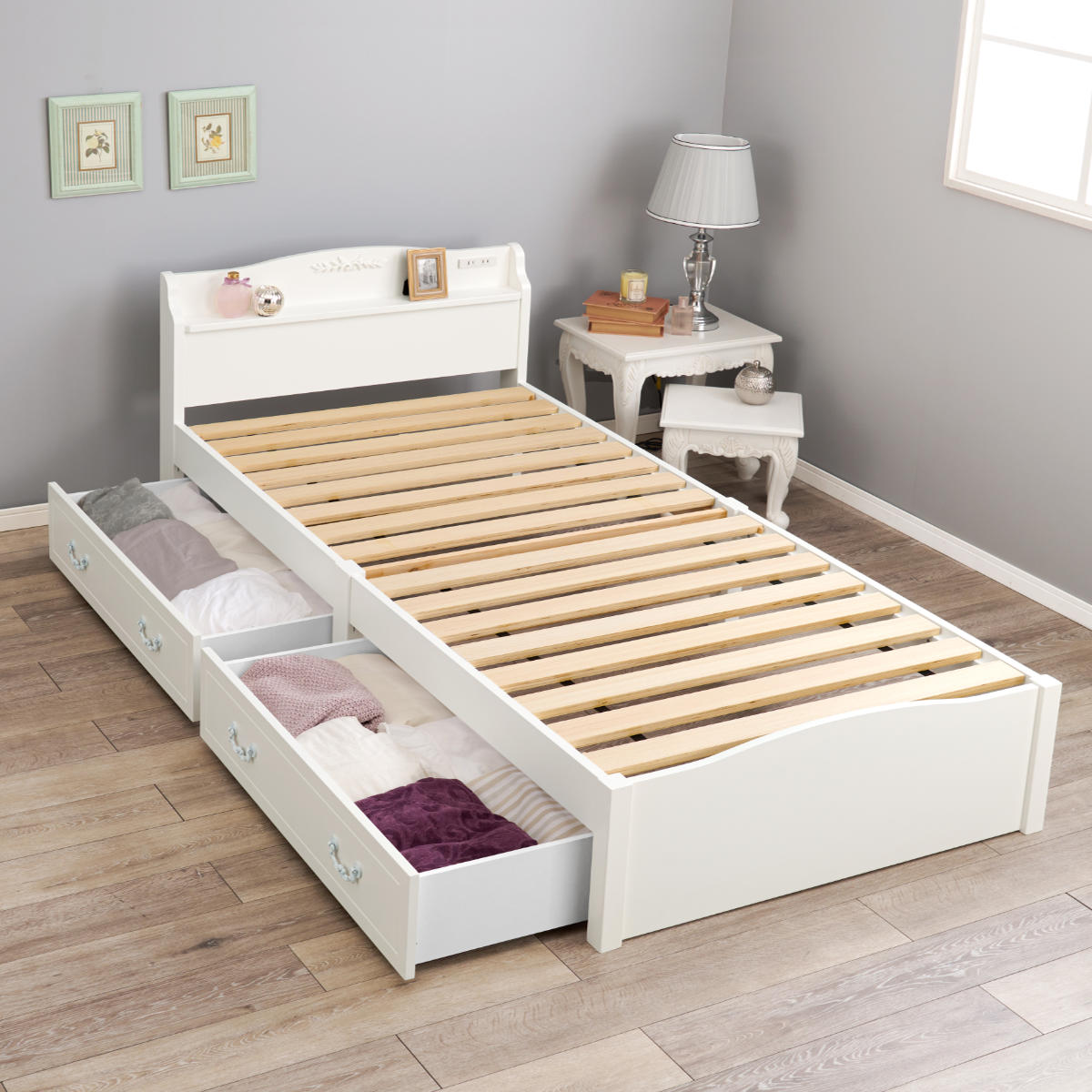 HAGiHARA（萩原） 姫系ベッド 引出し収納 3分組立 シングル 工具不要