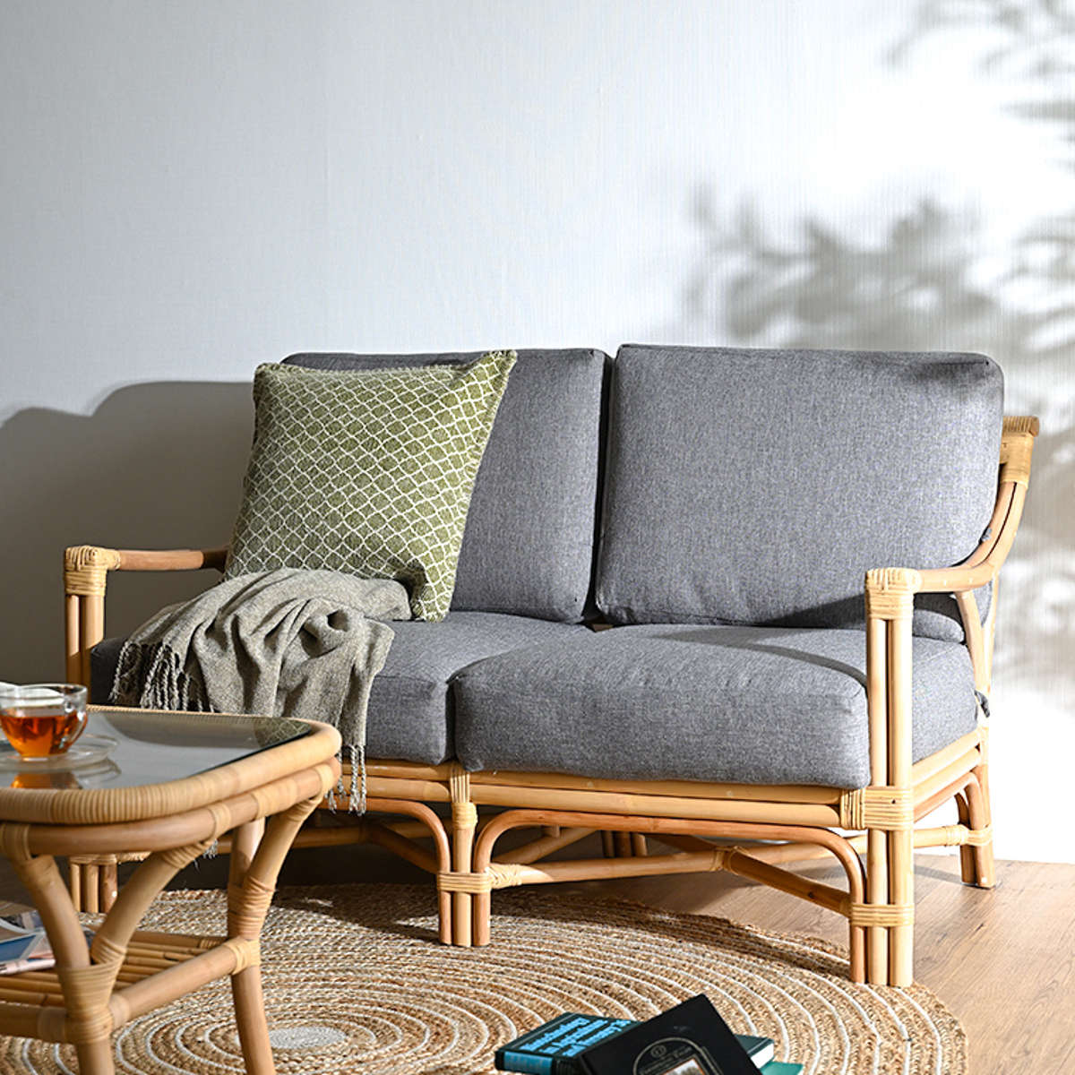 2人掛けソファ ラタン 座面高40cm クッション付 Breeze （ 開梱設置