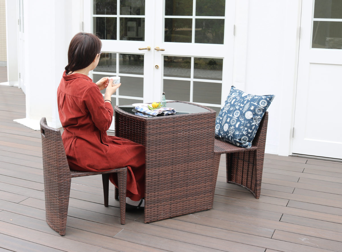 テーブル 3点セット リゾモダン ラタン調 コンパクト （ ガーデン