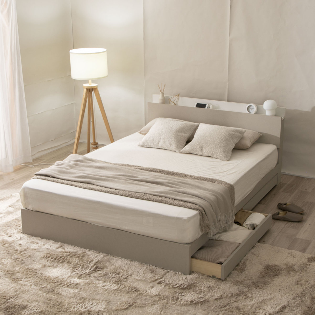 収納付きベッド ダブル ツートン 2口コンセント 日本製 Apel （ ベッド