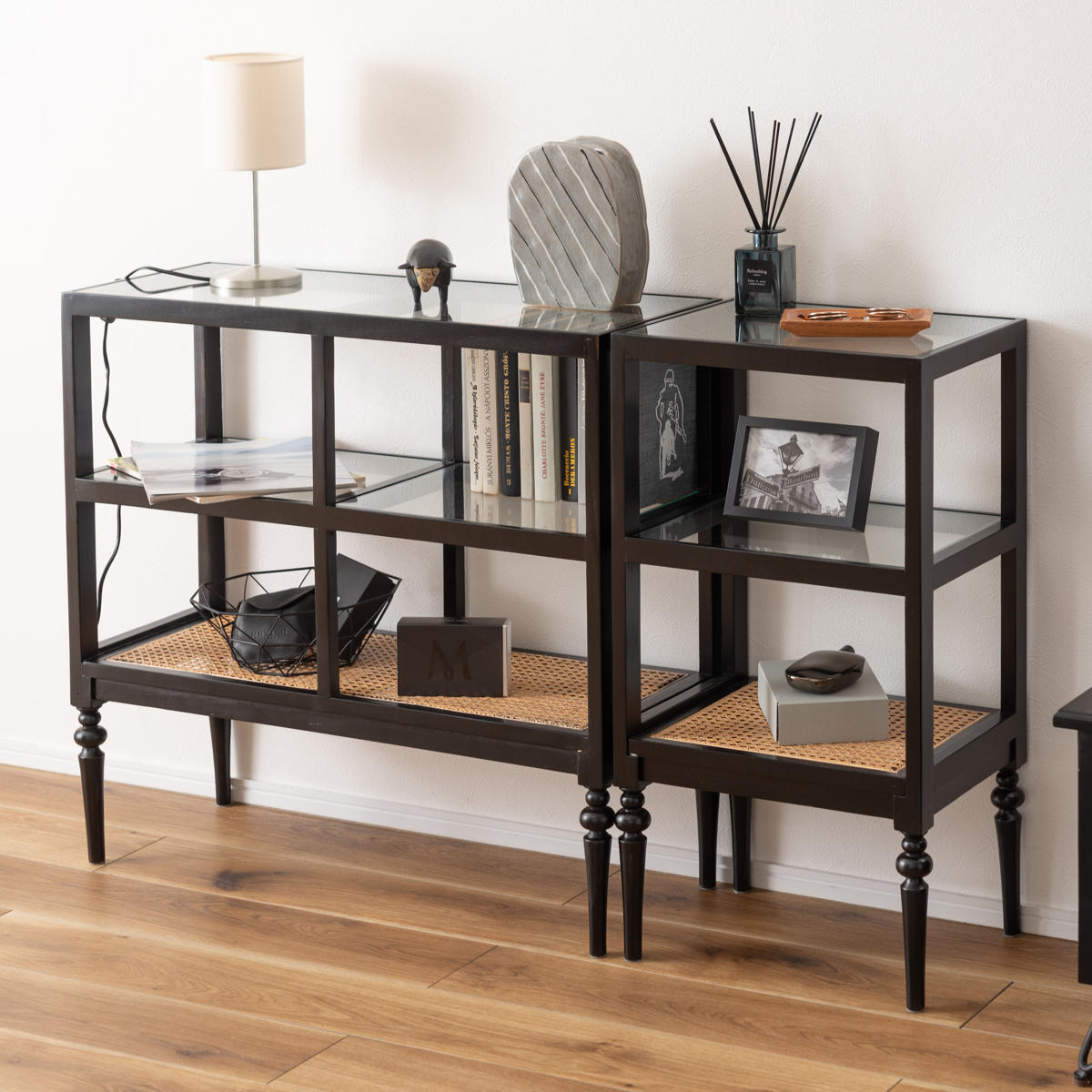 東谷 オープンシェルフ 幅80cm 2段 天然木 ろくろ脚 ラタン 完成品