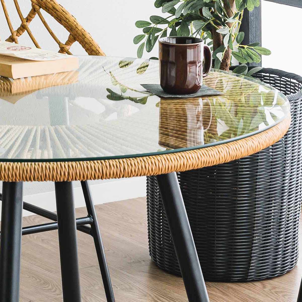 カフェテーブル 直径80cm ラタン調 ガラス マーレ （ テーブル