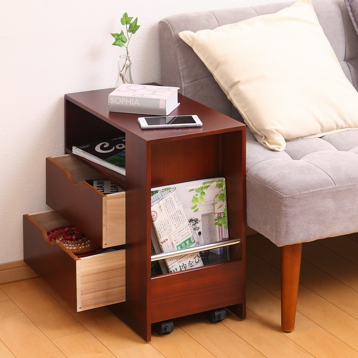OSMAC サイドテーブル 幅47cm 木製 ソファサイドワゴン 軽量 （ ワゴン