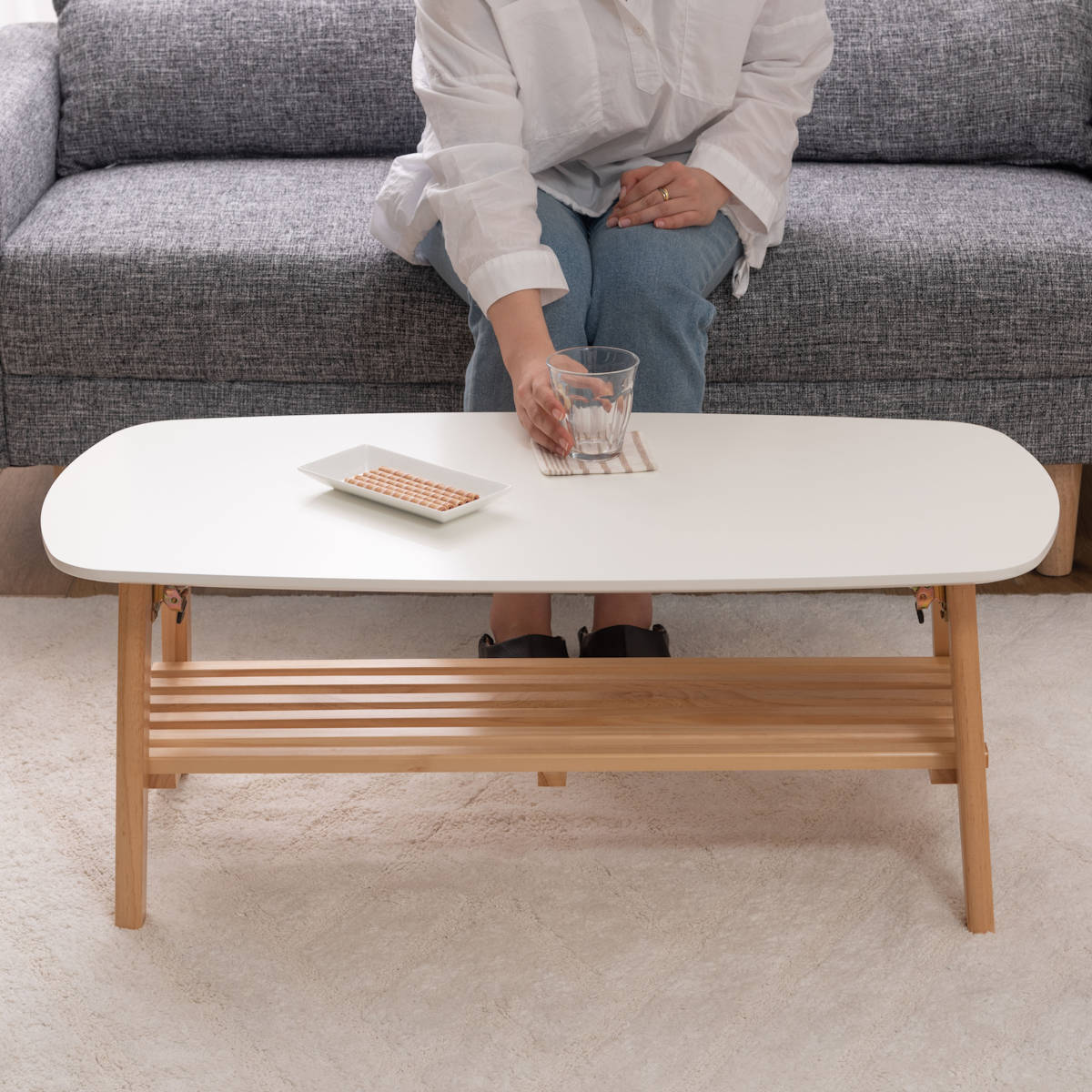 東谷 折りたたみ テーブル 幅90cm 棚付き 天然木 （ ローテーブル