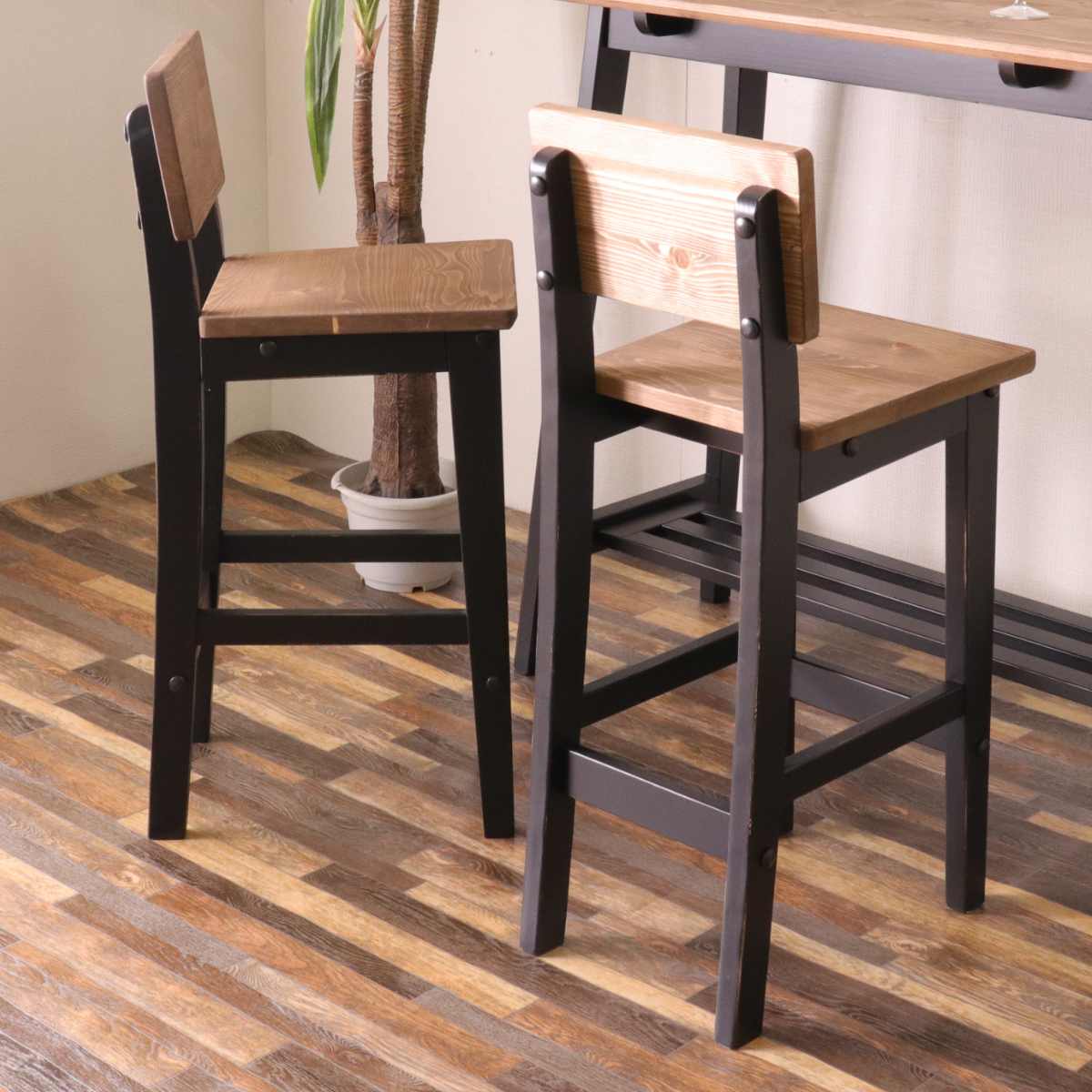 カウンターチェア 木製 オシャレ 背もたれ付き ヴィンテージ風