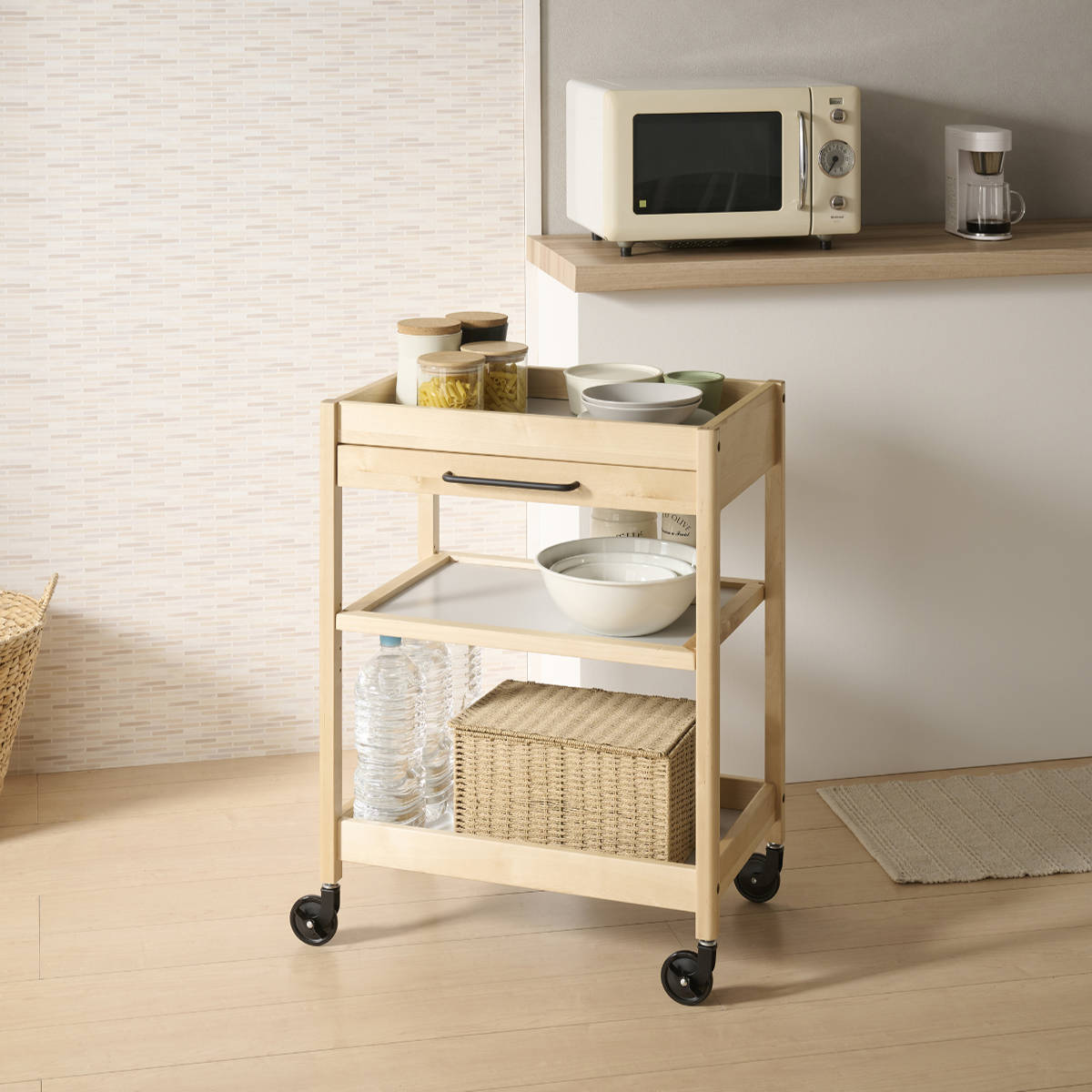 弘益 キッチンワゴン 幅60cm TORE 引き出し付き 天然木 可動棚