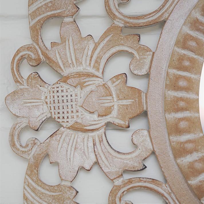 アジアン バリ風 鏡 壁掛け 丸型 ミラー ウォールミラー 木製 ウッド