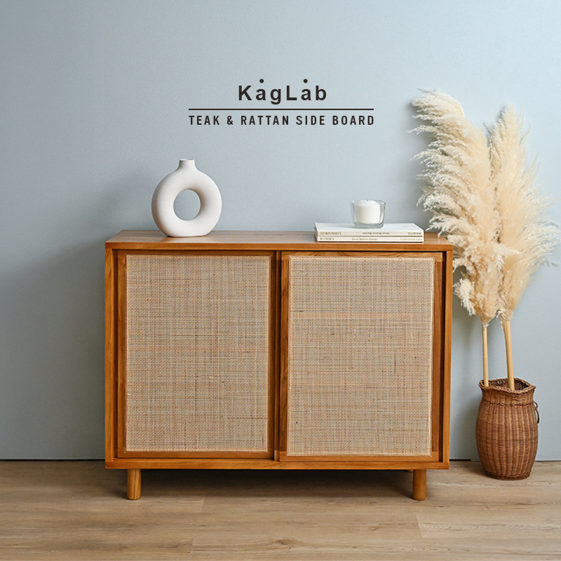 サイドボード 100cm幅 キャビネット 収納 スリム チーク 無垢 ラタン