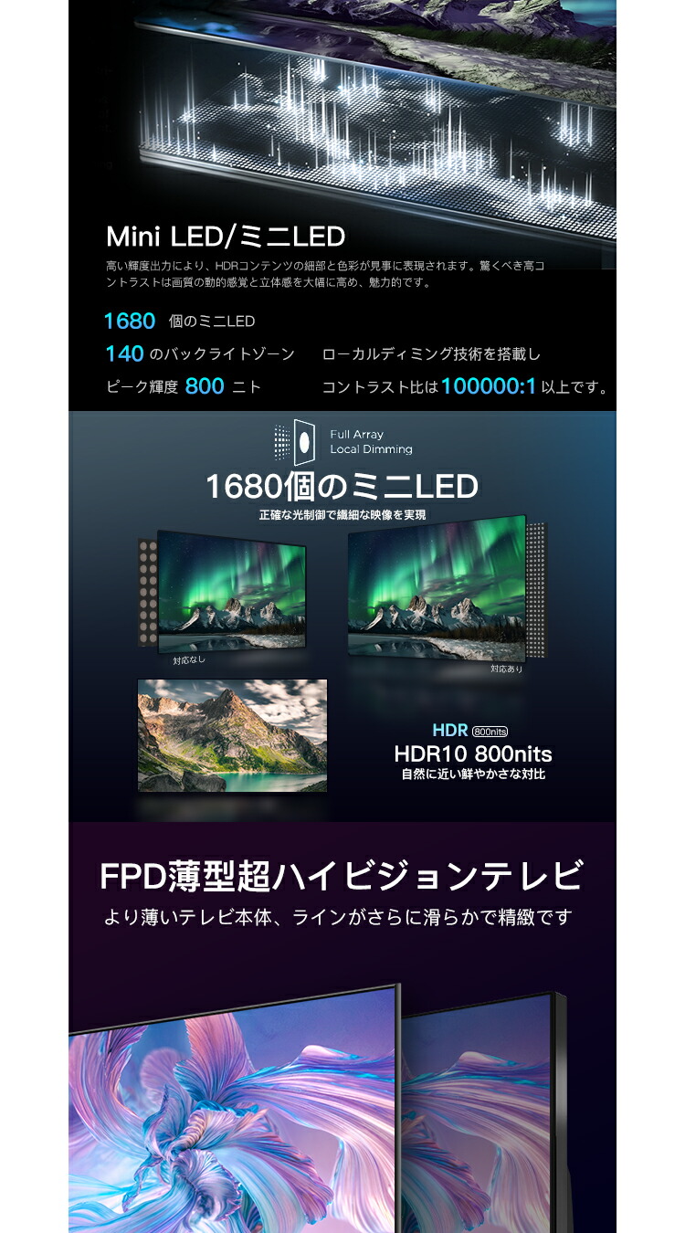 FPD チューナーレス テレビ 4K 50V型 Mini LED 量子ドット Google TV