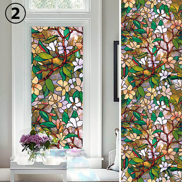 ガラスフィルム ステンドグラス柄 白背景 レトロ 花柄 フラワー