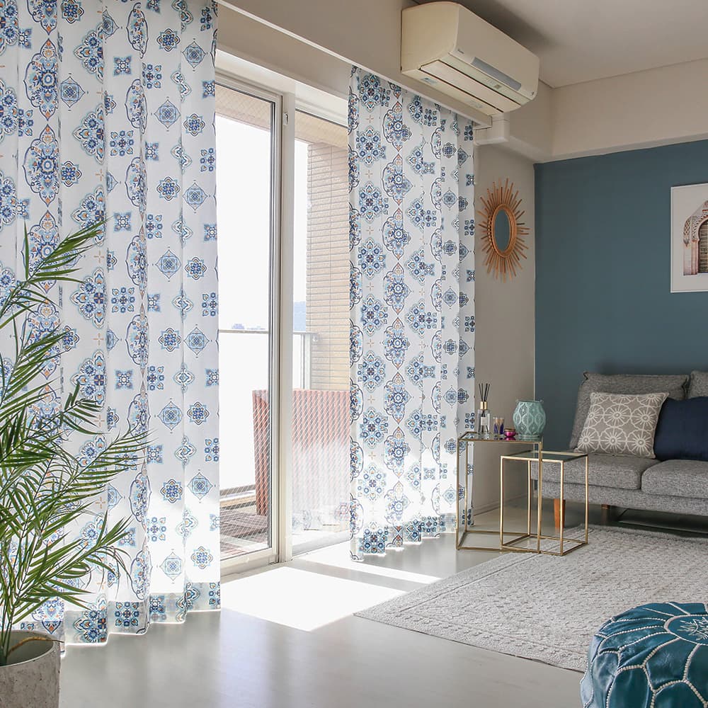 パーフェクトスペース カーテン 非遮光 モロッカン ブルーとイエローの