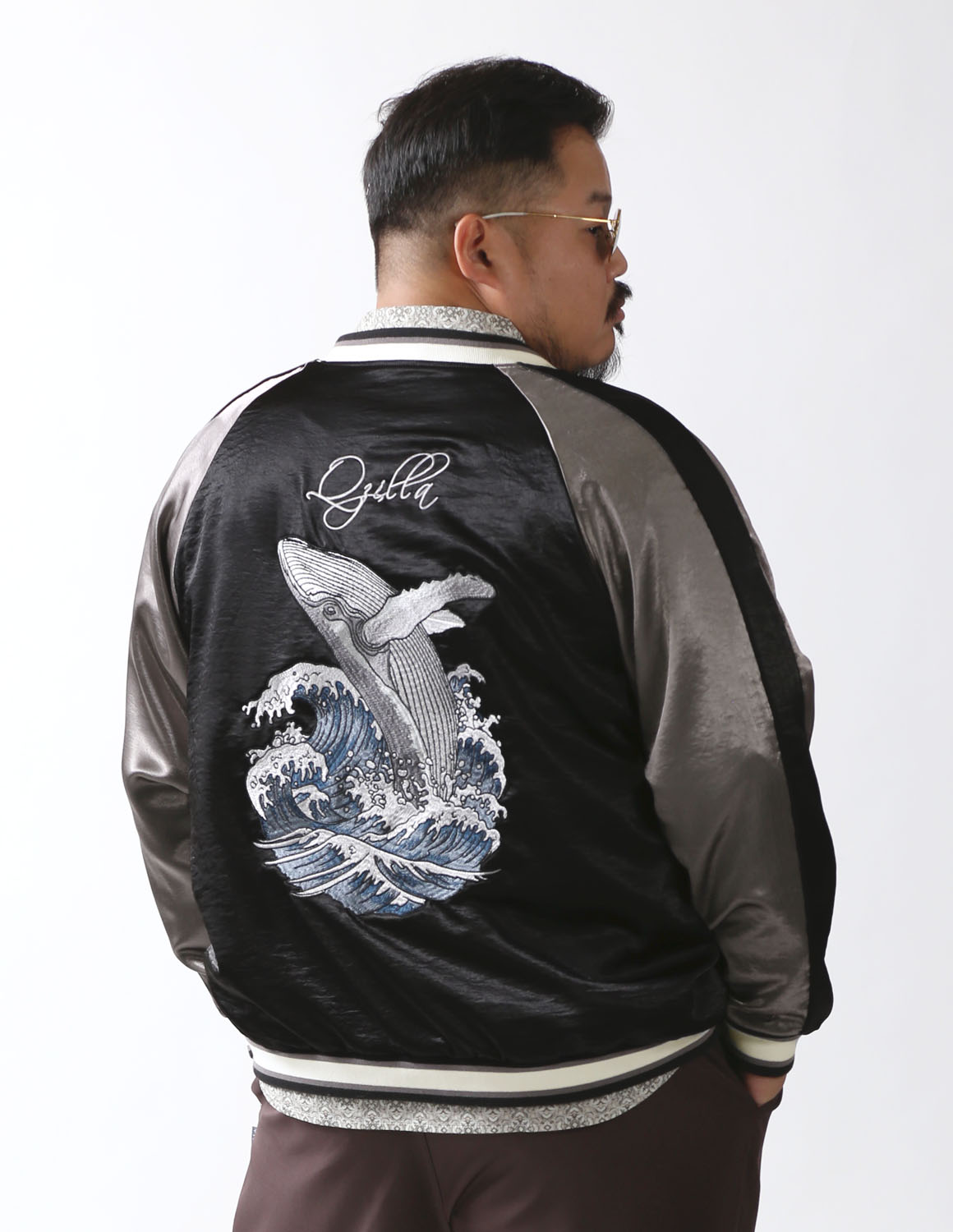 大きいサイズ OUTLET 極鯨 スカジャン メンズ カラー切替 鯨刺繍