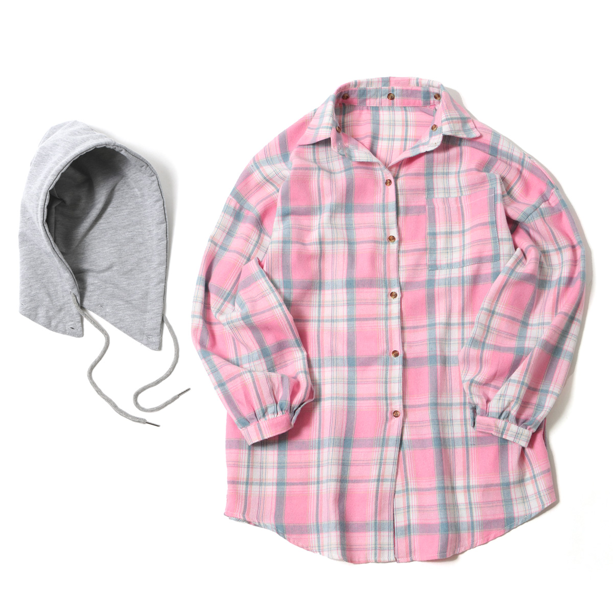 REAL STYLE シャツ レディース チェック柄 フード付き 長袖 ロング丈
