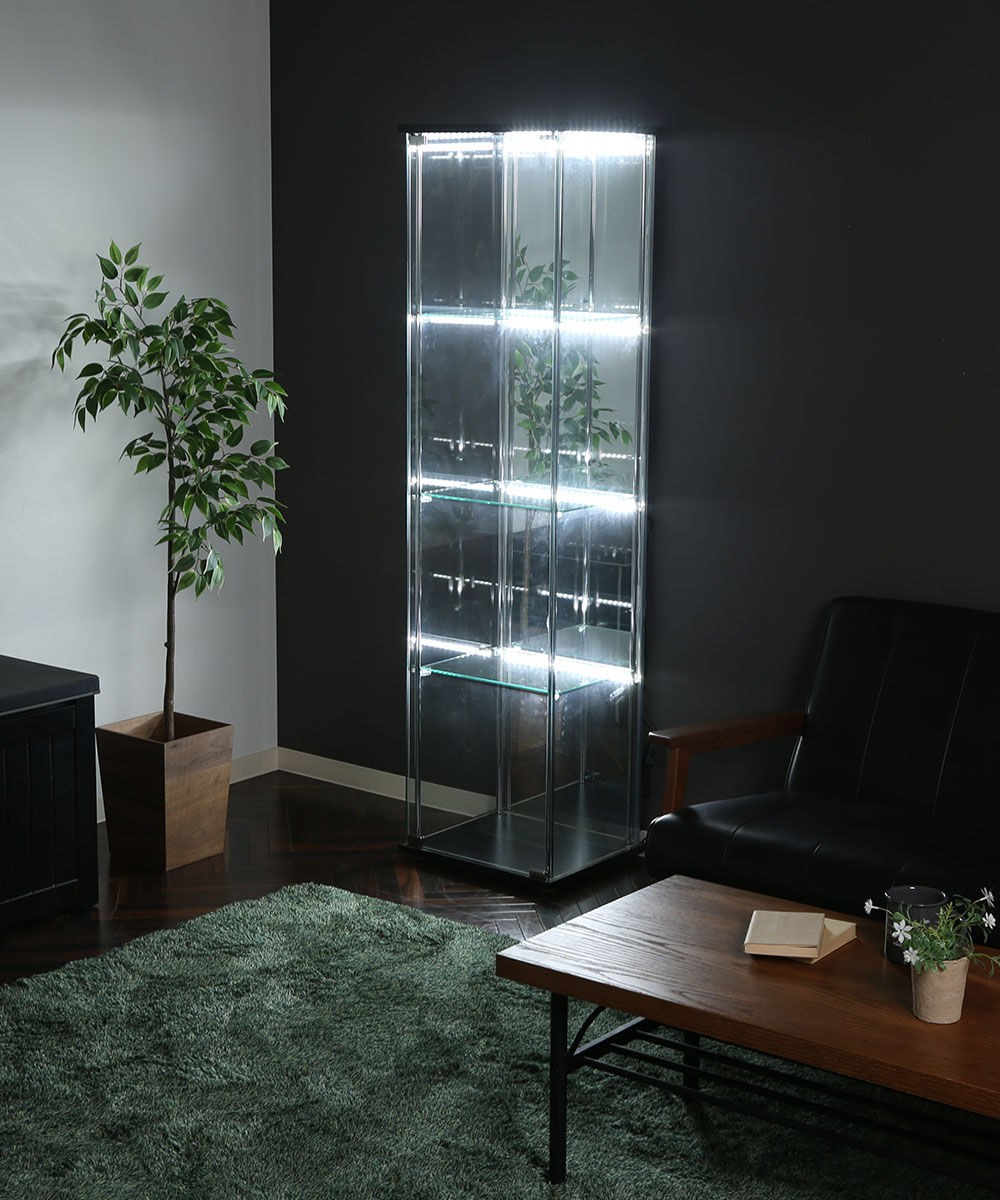 ガラス コレクションケース 4段 背面ミラー LEDライト付 幅42.5cm 不二