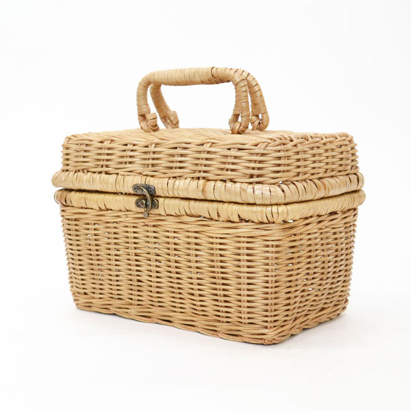 ラタン製 ツールバスケット 蓋付き ピクニック 四角 籐籠 : ラタン