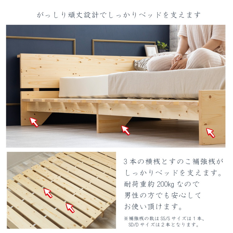 ベッド 宮棚&2口コンセント付 天然木 北欧パイン 宮付き シングル