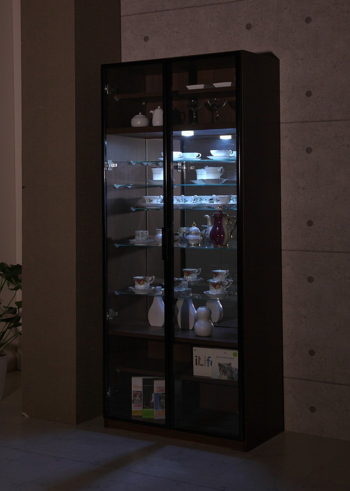 高級家具 passionブランド 縦型 カップポード 飾り棚照明付 背面鏡棚5