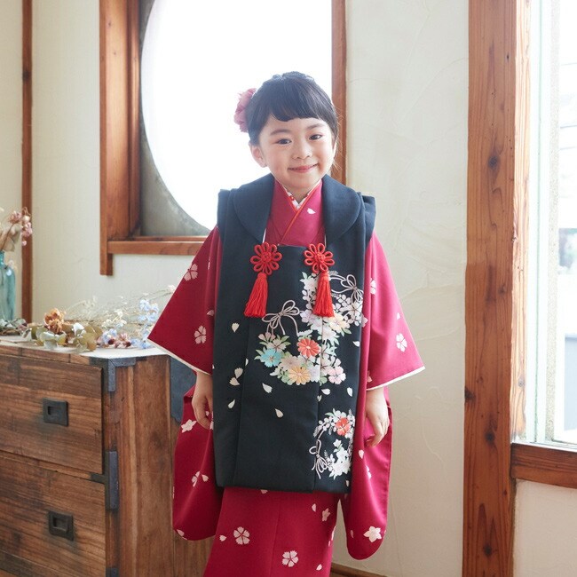 七五三 着物 3歳 女の子 レンタル モダン 黒 エンジ色 撫子 0002