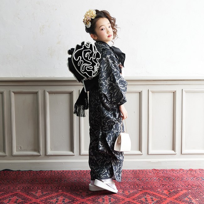 七五三 女の子 7歳 着物 レンタル モダン サビヌキ 黒 ボタニカル
