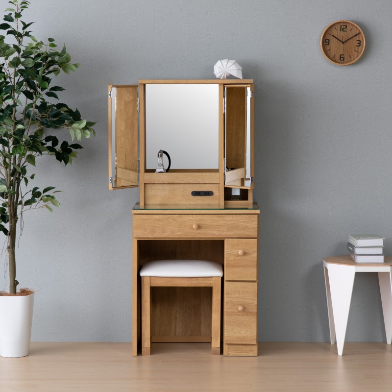 3面ドレッサー 幅60cm コンセント付き 鏡台 ミラー 木製ドレッサー