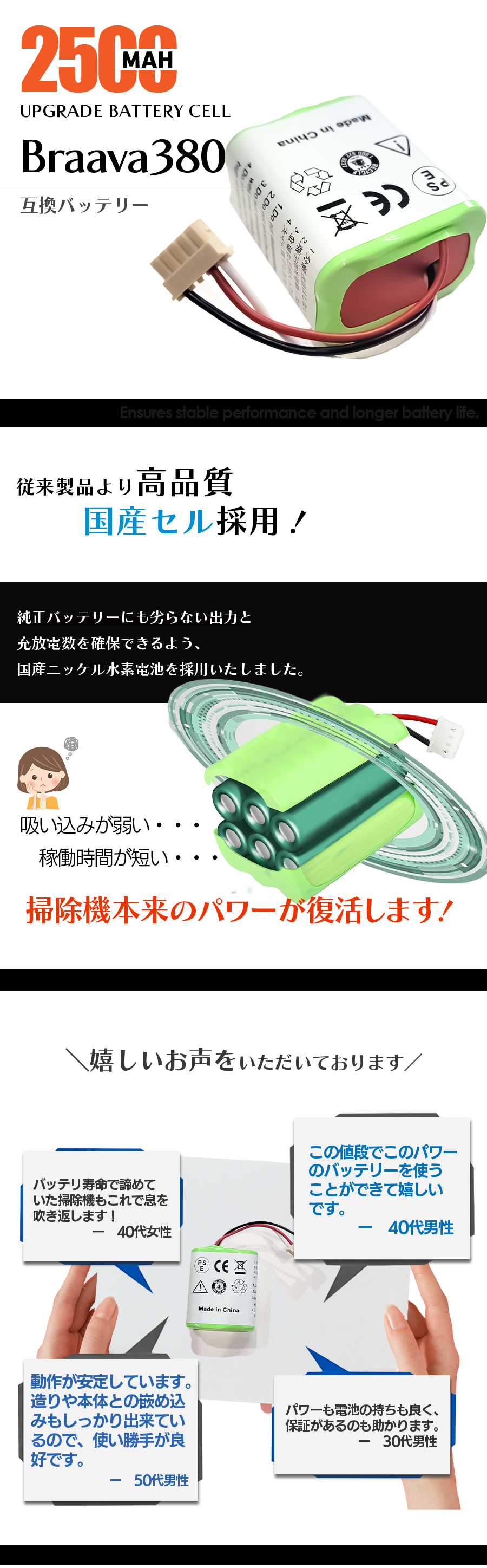 ブラーバ 【互換品】 iRobot Braava バッテリー 390J 380J 380T 371J