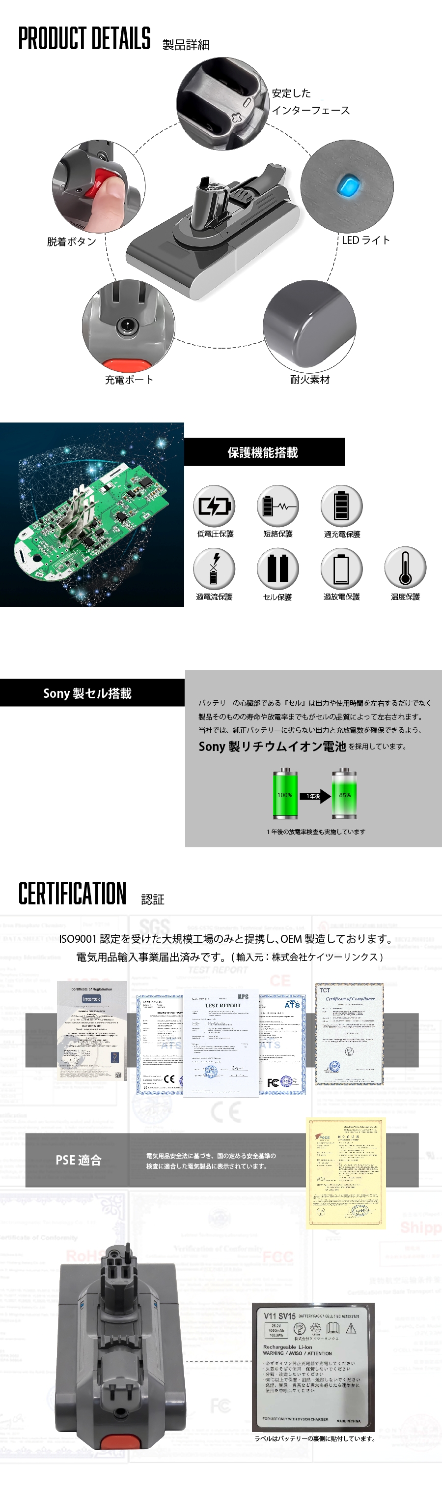 Dyson（ダイソン） 【互換品】 V11 SV15 バッテリー 着脱式 脱着式