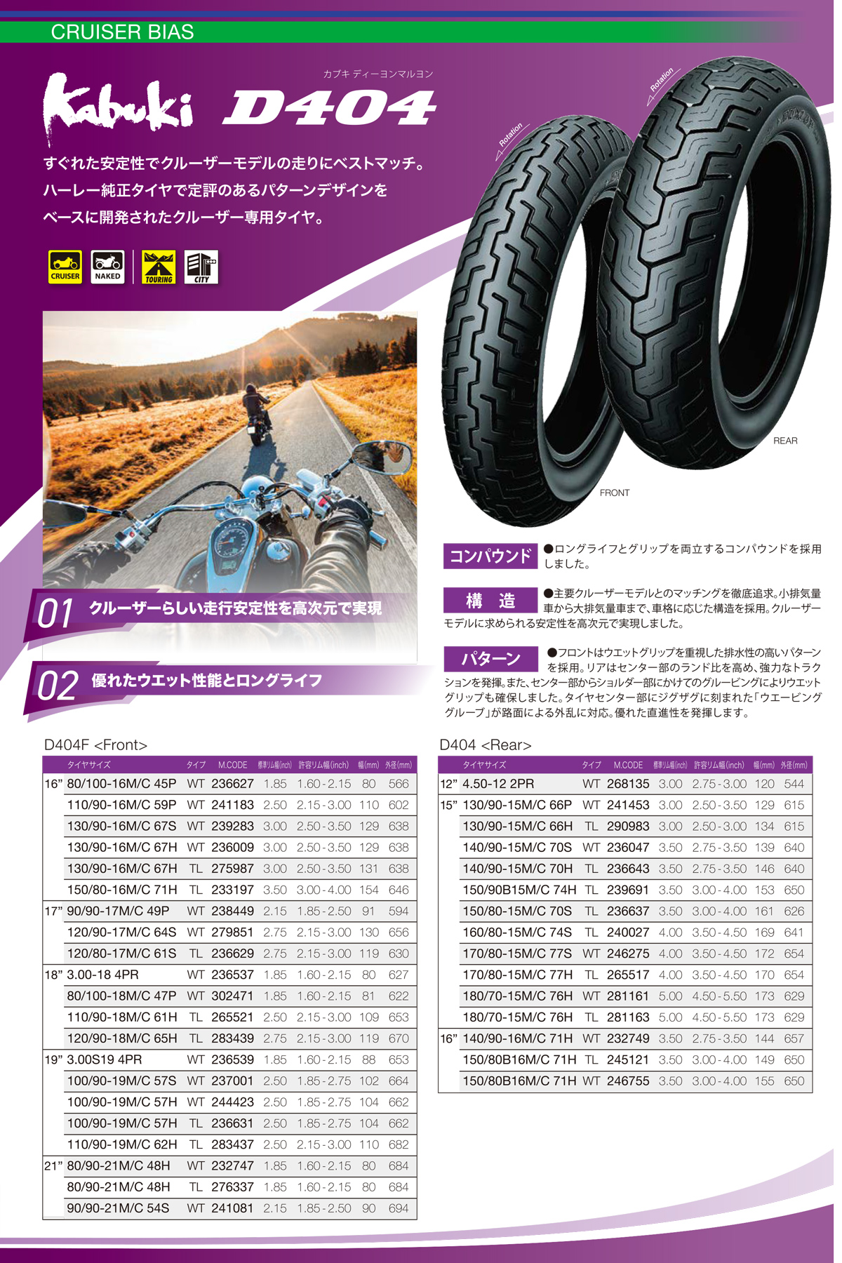 DUNLOP（ダンロップ） kabuki D404 150/80-15M/C 70S DUNLOP カブキ