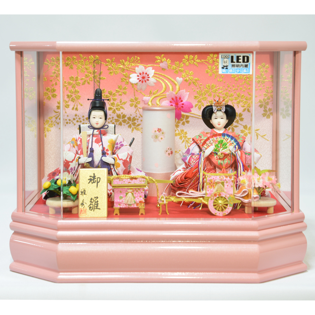 雛人形 ケース飾り 親王飾り ピンク 前面アクリルケース 小芥子親王