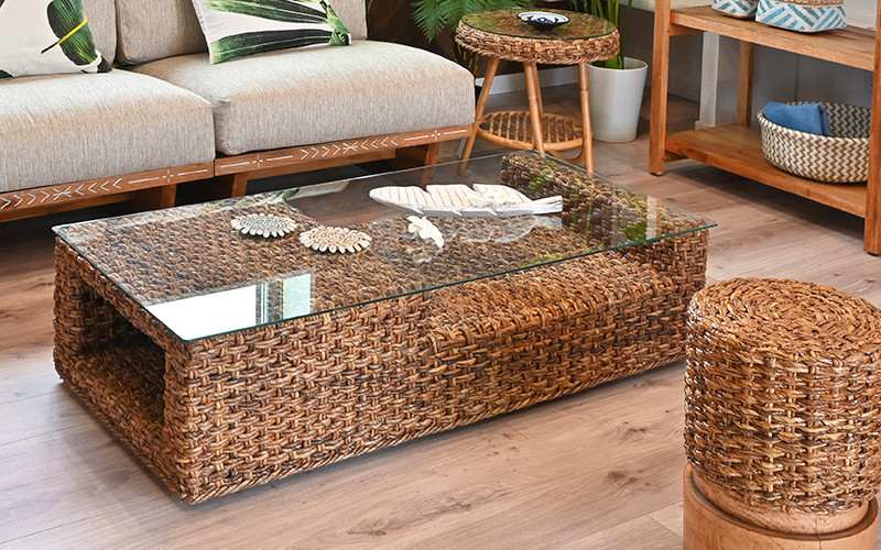 リビングテーブル ガラステーブル おしゃれ バナナリーフ ラタン 籐