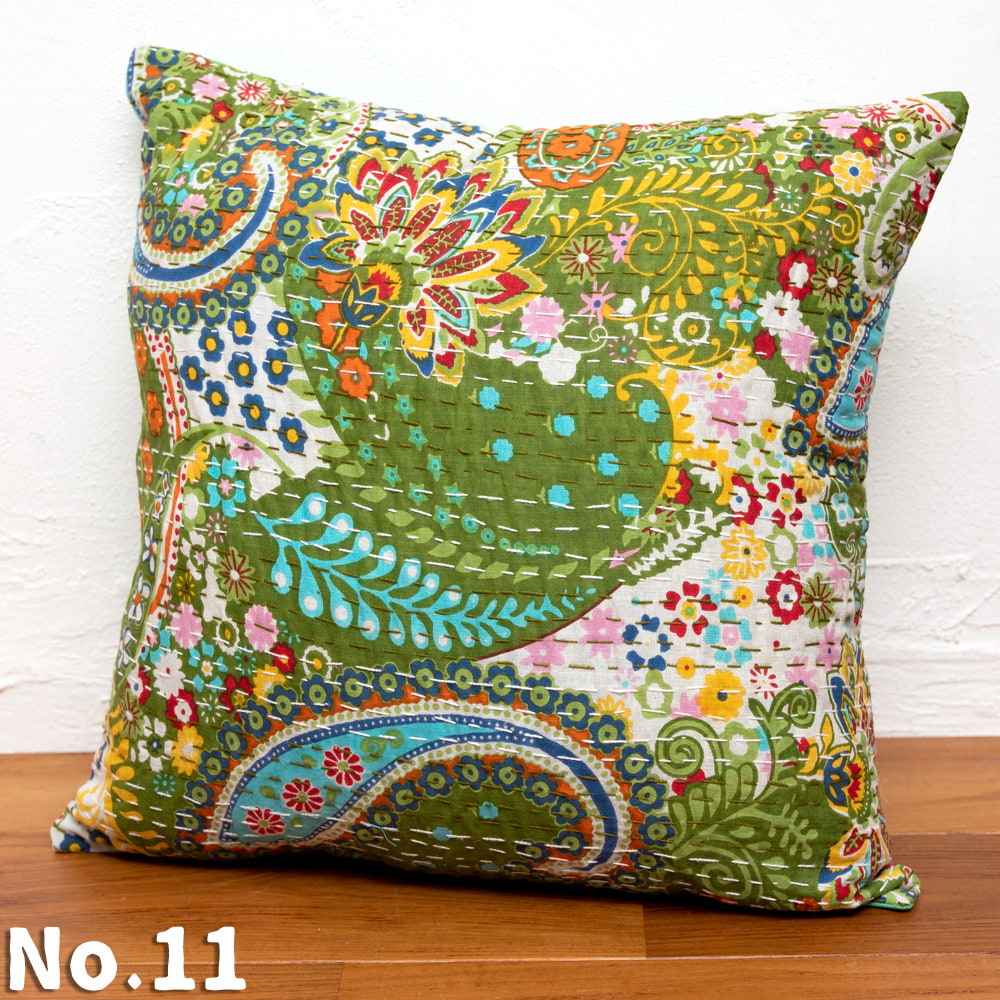 クッションカバー コットン，刺繍 カンタ ウッドブロック : インド