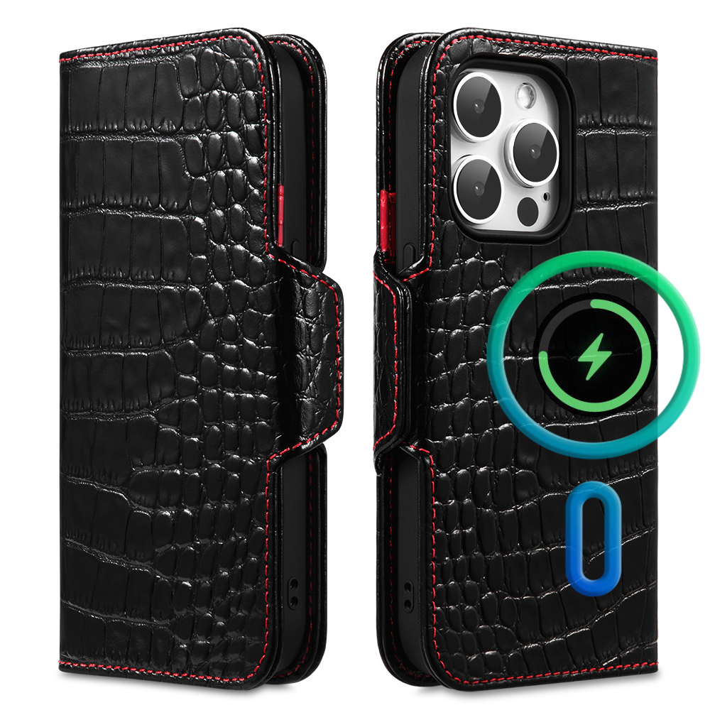 iPhone 14 Pro ケース 手帳型 本革 クロコ 艶 黒 最高級 牛革