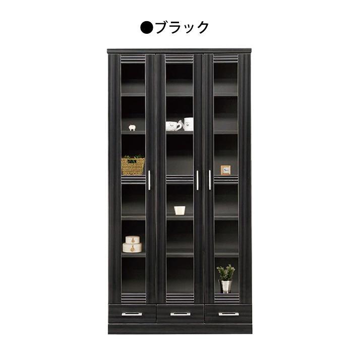 本棚 書棚 幅90cm 完成品 ブックシェルフ 鏡面 黒 白 木製 ガラス扉