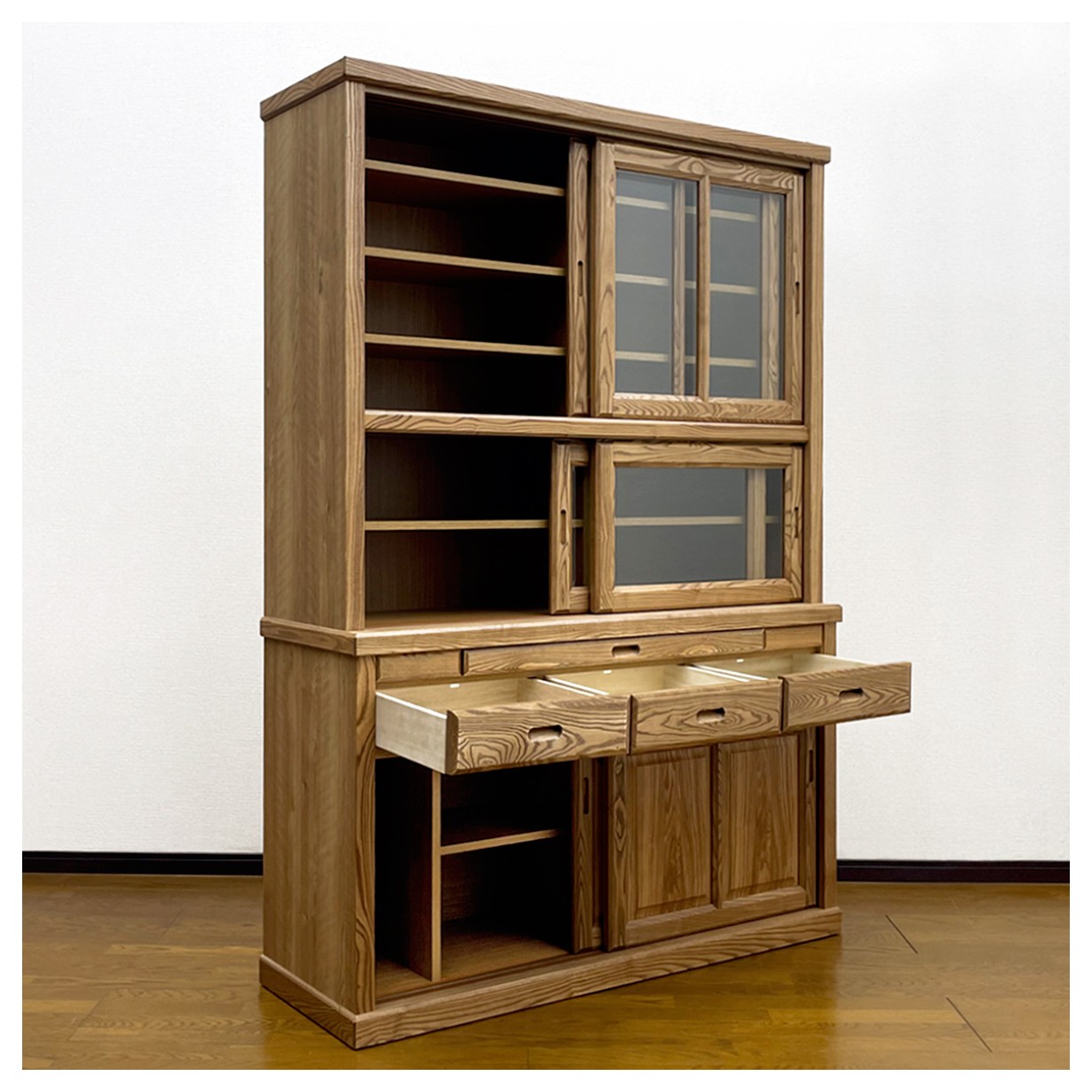 食器棚 135cm幅 引き戸 引戸 ガラス戸 ガラス扉 こだわり 高級 水屋