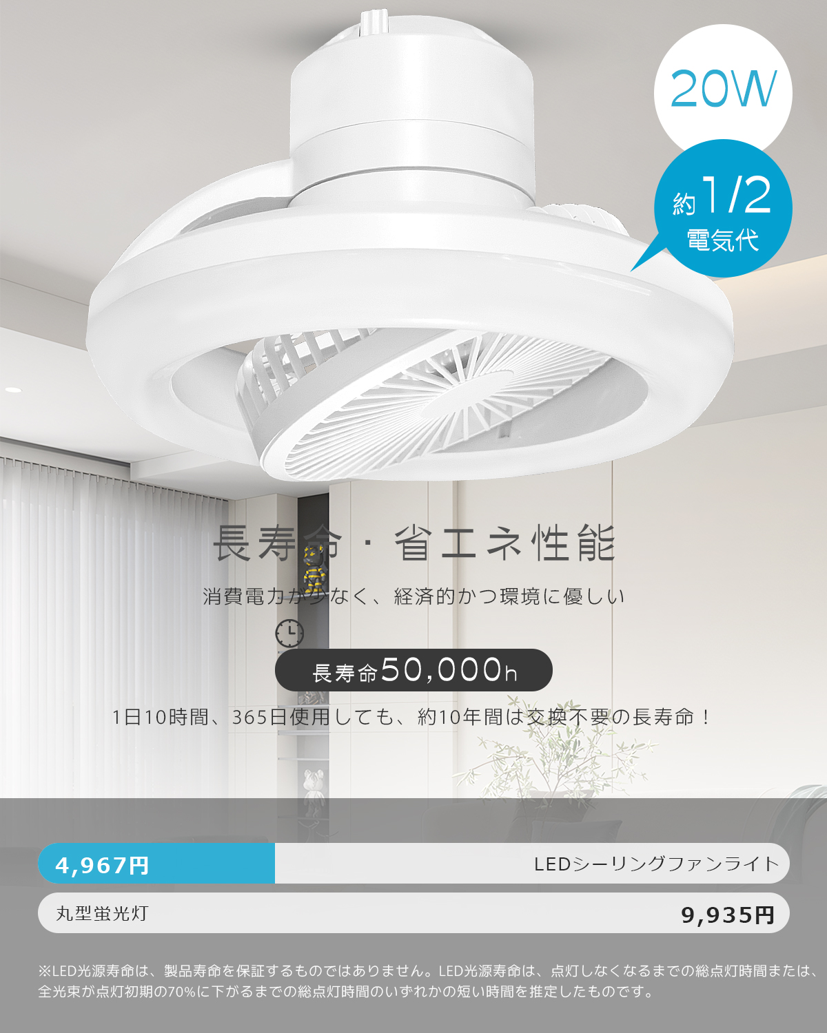 シーリングファンライト LED 6~8畳 小型 20W 高輝度4000lm ファン付き