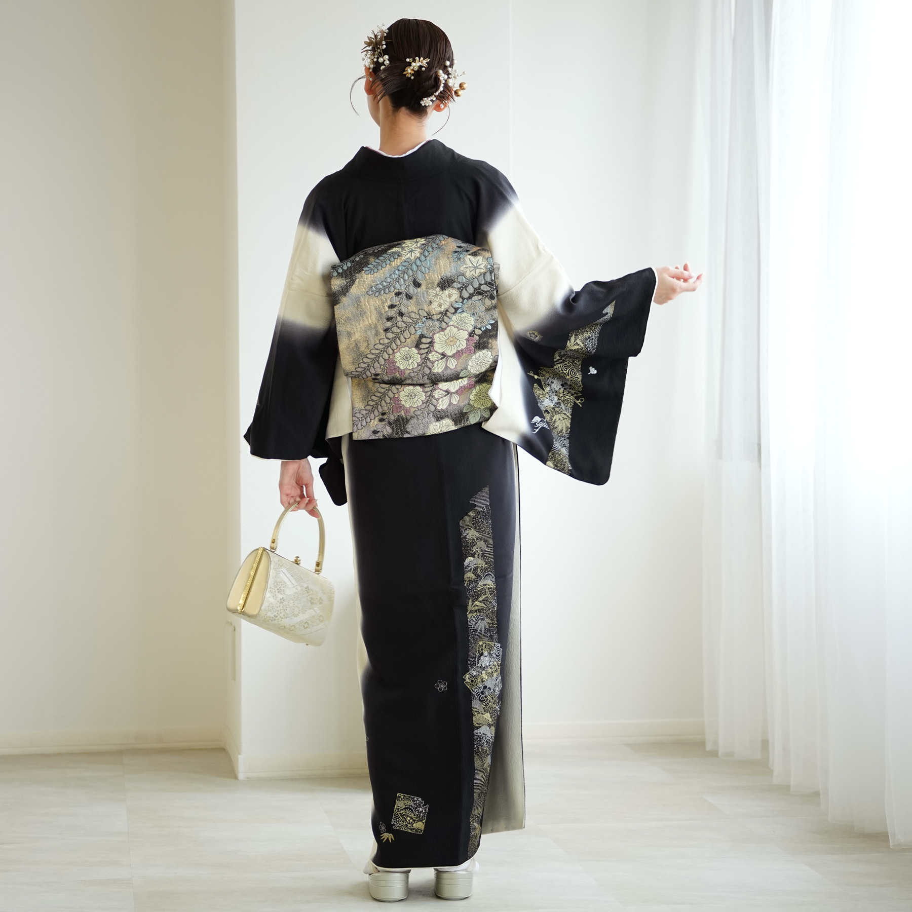 訪問着 レンタル おしゃれ 20点 フルセット 正絹 着物 花柄 黒系