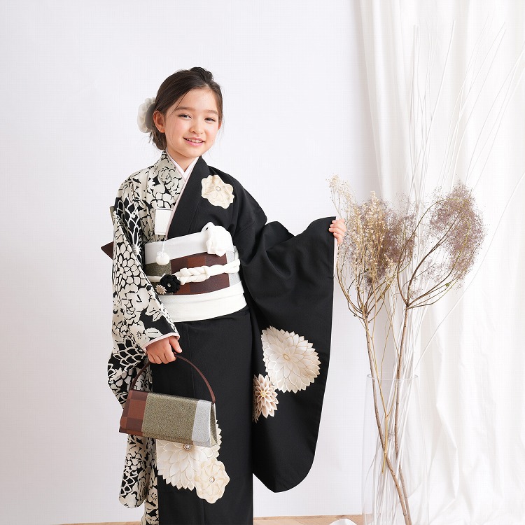 レンタル 七五三 着物 7歳 セット JAPAN STYLE レトロ モダン 花 黒系