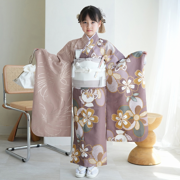 レンタル 七五三 着物 7歳 ひよこ商店 古典柄 レトロ 花 四つ身 半身