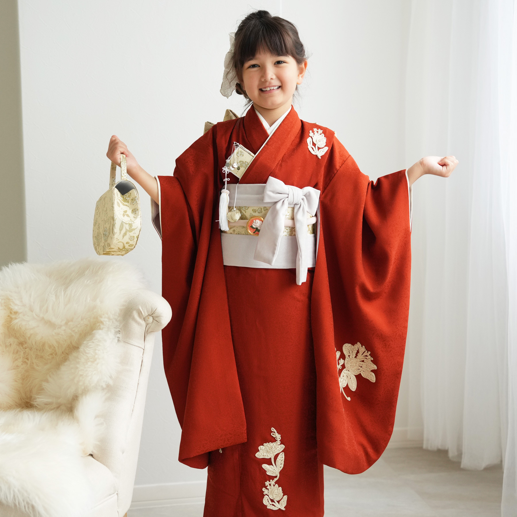 レンタル 七五三 着物 7歳 和風館 ダマスクにコード刺繍 テラコッタ 赤