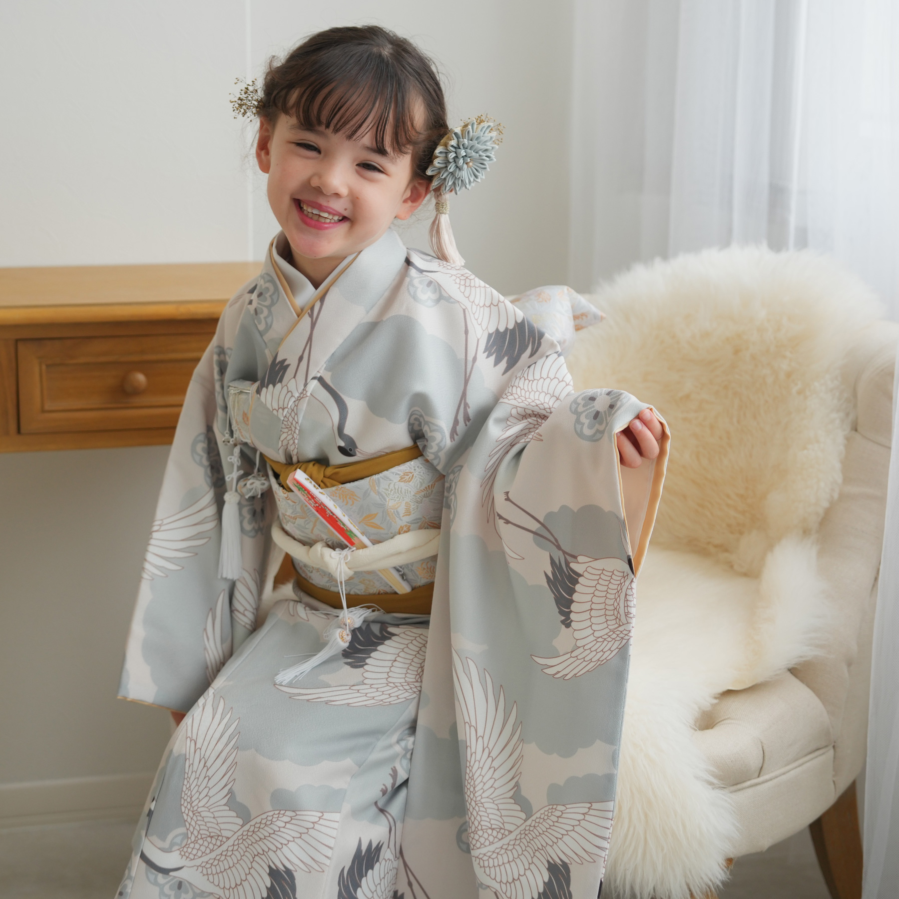 レンタル 七五三 着物 7歳 ひよこ商店 女の子 四つ身 ミント吉祥鶴